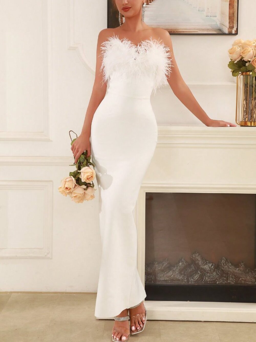 white Women's Sexy Off Shoulder Sleeveless Long Wedding Dinner Dress